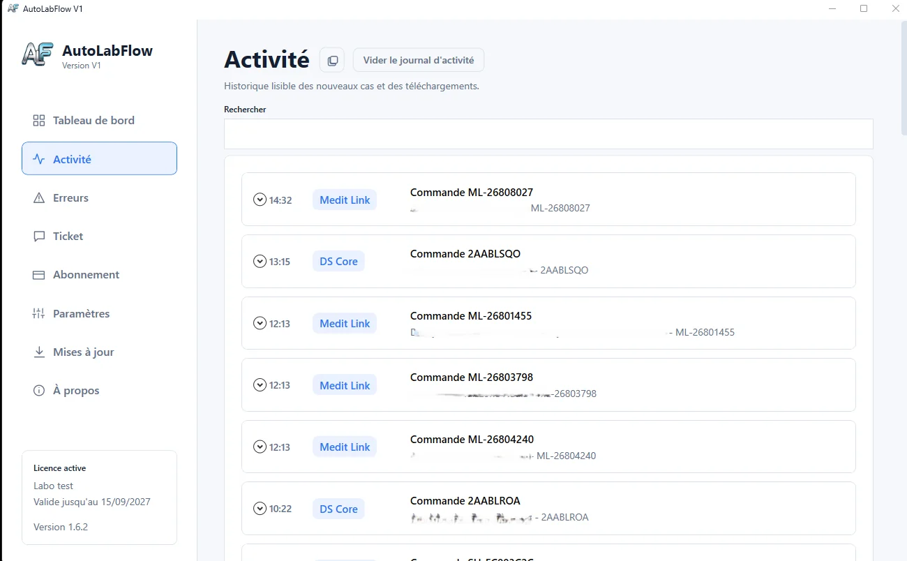 AutoLabFlow activity tab with selected confidential information blurred