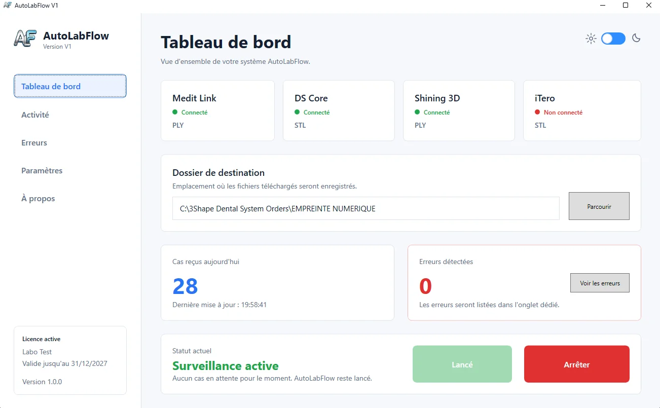 AutoLabFlow dashboard in light mode showing platforms and active monitoring