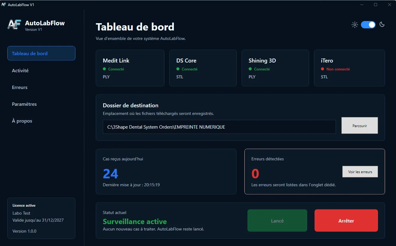 AutoLabFlow dashboard in dark mode with connections, the destination folder and case tracking